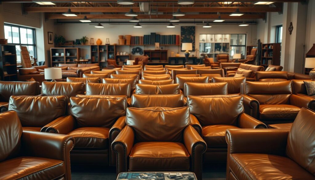 A cozy, well-lit furniture showroom displaying a variety of cognac-colored armchairs and sofas. The camera focuses on the center of the frame, showcasing a neatly arranged stock of these upholstered pieces. Warm, diffused lighting creates a inviting ambiance, highlighting the rich textures and tones of the leather and wood accents. In the background, shelves and displays offer a glimpse of additional furniture options. The overall scene conveys a sense of abundance, quality, and attention to detail, reflecting the subject of &quot;Levering En Voorraadinfo&quot;.