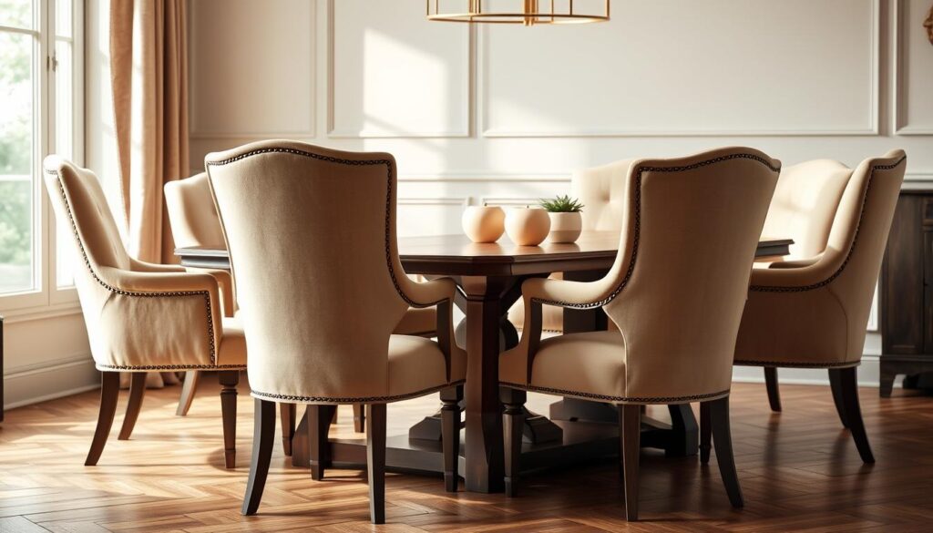 A cozy, well-lit interior scene showcasing a selection of elegant beige velvet dining chairs. The chairs are positioned around a wooden table, their arms prominent and inviting. Soft, diffused lighting bathes the scene, highlighting the rich texture of the velvet upholstery. The chairs are thoughtfully arranged, allowing the viewer to envision the subtle differences between armrest and armless designs. The overall atmosphere is one of refined sophistication, perfectly suited for a serene dining experience.