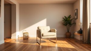 A cozy, well-lit modern interior with a sleek and stylish tubular armchair positioned prominently in the center of the frame. The armchair features a clean, minimalist design with a curved backrest and padded armrests, crafted from high-quality materials that exude a sense of comfort and sophistication. The chair is set against a backdrop of neutral-toned walls and hardwood flooring, complemented by subtle décor elements that add depth and visual interest to the scene. Soft, diffused lighting emanates from hidden sources, creating a warm and inviting atmosphere that highlights the chair's elegant silhouette and inviting presence within the space.