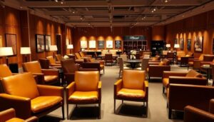 Een ruime, luxe lounge met bruine leren fauteuils en stijlvolle eetkamerstoelen, houten muren, ingelijste kunst, zachte verlichting en boekenplanken, die een warme en uitnodigende sfeer creëren.