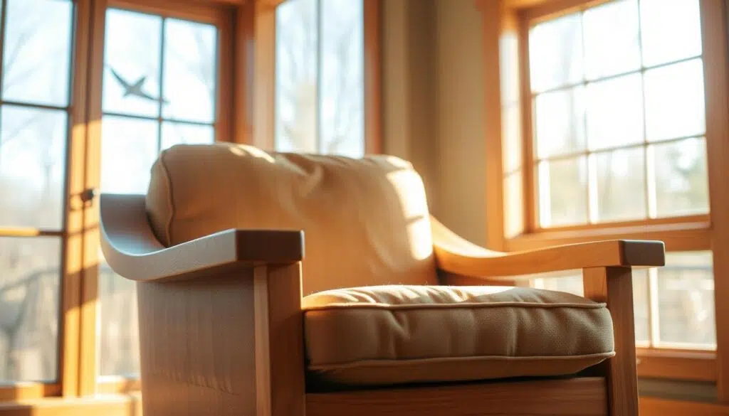 A cozy, wooden armchair with a plush, cushioned seat and back. The chair is positioned in a warm, well-lit interior, perhaps a cozy living room or dining area. Sunlight filters through large windows, casting a soft, golden glow on the chair's smooth, natural wood grain. The chair's design features clean, elegant lines and a slightly curved backrest, providing both comfort and visual appeal. The chair's proportions are well-balanced, inviting the viewer to imagine sinking into its embrace. The overall mood is one of relaxation, tranquility, and a sense of being at home.