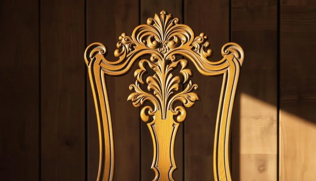 A decorative, hand-carved oak dining chair in a rustic, country-style setting. The ornate backrest features intricate floral patterns and scrollwork, capturing the essence of traditional craftsmanship. Warm, soft lighting casts gentle shadows, highlighting the chair's natural grain and textured surfaces. The chair is positioned against a backdrop of weathered wooden walls, evoking a cozy, inviting atmosphere. The image conveys a sense of timeless elegance and attention to detail, perfectly suited for the "Captioning and Decorative Details" section of the article on choosing the best wooden dining chairs for a rural aesthetic.