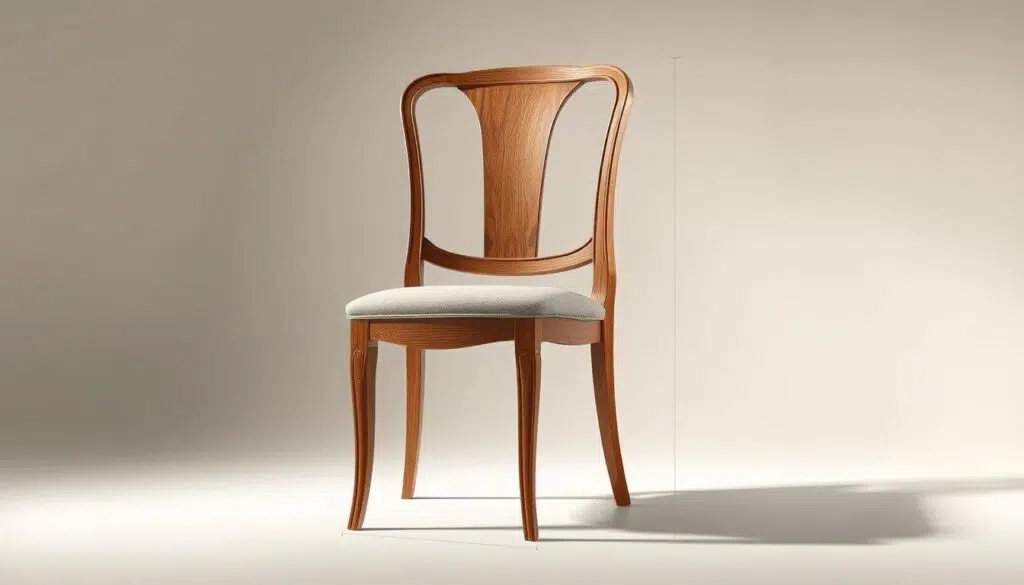 A detailed technical illustration of an elegant dining chair, showcasing its precise dimensions and construction. The chair is positioned in a well-lit, minimal studio setting, captured from a low, front-facing angle to highlight its graceful profile and meticulously crafted features. The background is a clean, neutral tone, allowing the chair's intricate wood grains, tapered legs, and refined upholstery to take center stage. Every angle, curve, and joint is meticulously rendered, conveying a sense of precision engineering and high-quality craftsmanship. The lighting is soft and directional, casting subtle shadows that accentuate the chair's three-dimensional form. This image aims to provide readers with a thorough understanding of the chair's technical specifications and design.