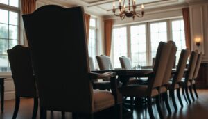 A formal dining room setting, featuring a row of elegant armchairs arranged around a wooden table. The chairs have a classic, high-backed design with plush, upholstered seats and armrests. The chairs are positioned in a well-lit, airy space with large windows allowing natural light to flood the room. The overall atmosphere is one of refined sophistication, suitable for hosting formal meals and gatherings. The lighting is soft and warm, creating a cozy and inviting ambiance. The scene is captured from a slightly elevated angle, providing a comprehensive view of the dining chairs and their harmonious placement within the room.