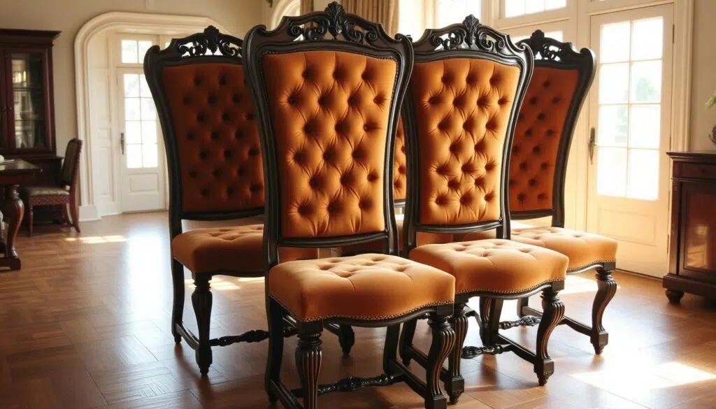 A high-backed, elegant set of classic dining chairs with ornately carved wooden frames and plush, tufted upholstery in a rich, earthy tone. The chairs are arranged in a warm, sunlit room with wooden floors and soft, diffused lighting filtering in through large windows, creating a cozy, inviting atmosphere. The scene has a timeless, refined aesthetic, perfectly capturing the essence of traditional, high-quality dining room furniture.
