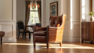 A luxurious, brown leather armchair from the Nieuwe Sfeer collection, standing elegantly in a cozy, well-lit eetkamer. The chair's supple, high-quality leather captures the light, creating a warm, inviting ambiance. The chair's sturdy, ergonomic design promises exceptional comfort and durability, making it the perfect addition to any sophisticated dining space. A seamless blend of timeless style and modern functionality, this Nieuwe Sfeer eetkamerstoel embodies the essence of durable, elegant, and comfortable seating.