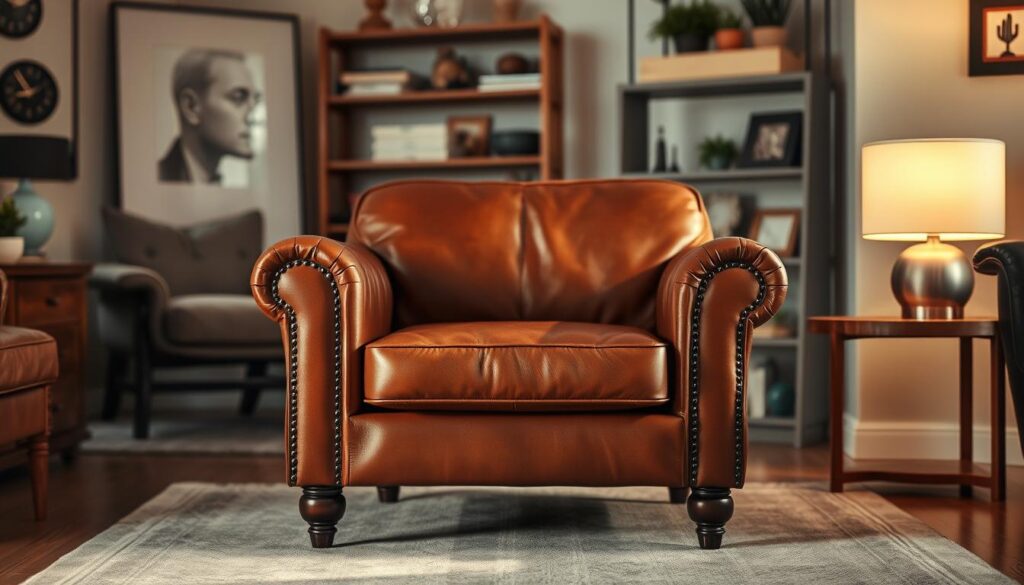 A luxurious leather armchair takes center stage, bathed in warm, soft lighting that accentuates its rich texture and elegant silhouette. The chair is positioned in a cozy, versatile living space, where a variety of decor styles harmonize seamlessly. In the background, a mix of modern and traditional furnishings, including a wooden side table and a sleek lamp, create a harmonious, welcoming atmosphere. The composition emphasizes the adaptability of the leather armchair, showcasing how it can complement diverse interior design aesthetics, from minimalist to rustic chic. The overall scene conveys a sense of sophistication and comfort, inviting the viewer to imagine the chair as the focal point of their own personalized living space.