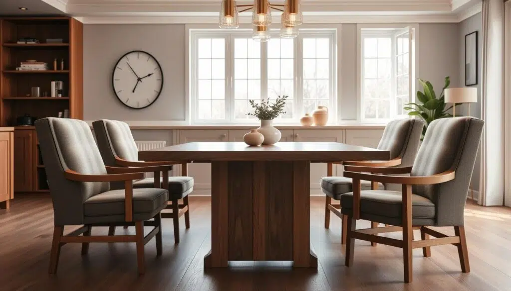 A modern and inviting dining room setting. A wooden rectangular dining table with clean lines takes center stage, accompanied by four sturdy, upholstered armchairs with a classic, yet contemporary design. The chairs feature a warm, honey-toned wood frame that complements the table's natural grain. Soft lighting from overhead fixtures casts a cozy glow, creating an intimate atmosphere. Large windows in the background allow natural light to stream in, illuminating the space. The overall scene exudes a sense of comfort and sophistication, perfectly suited for the "Combineren met uw eettafel" section of the article.