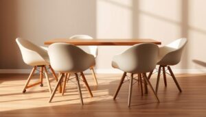 A modern dining room setting with four minimalist dining chairs featuring sleek, rounded silhouettes and smooth wooden legs. The chairs have casters at the base, allowing for effortless mobility across the room. The chairs are positioned around a simple, rectangular wooden dining table, creating a cohesive, understated aesthetic. The scene is bathed in warm, natural lighting, casting a cozy, inviting atmosphere. The background features muted, neutral-toned walls, complementing the clean, Scandinavian-inspired design of the furniture. The overall composition emphasizes the practical, versatile nature of the armless, wheeled dining chairs.