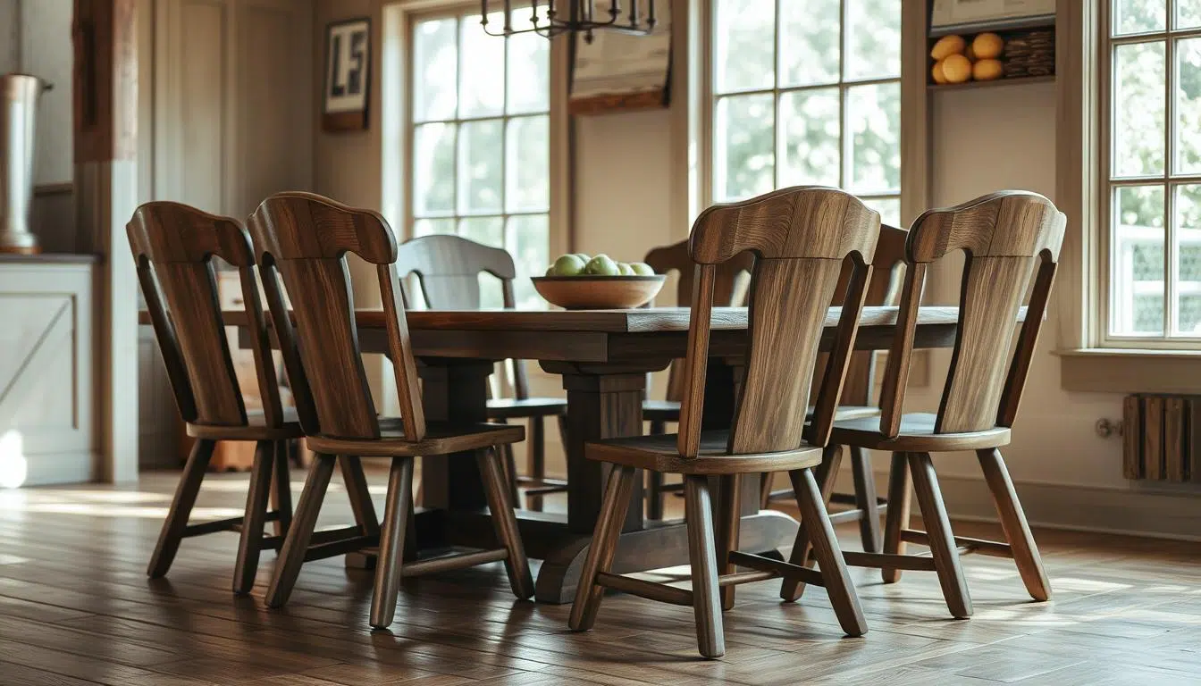 A rustic, farmhouse-style dining room with a set of handcrafted wooden chairs. The chairs feature a distressed, weathered finish that complements the natural grain of the wood. They have a simple, yet elegant design with slightly curved backrests and sturdy, tapered legs. Soft, natural lighting filters through large windows, casting a warm, inviting glow on the scene. The chairs are arranged around a solid, wooden dining table, creating a cozy and inviting atmosphere perfect for gatherings and meals. The overall scene evokes a sense of timeless, country-inspired charm.