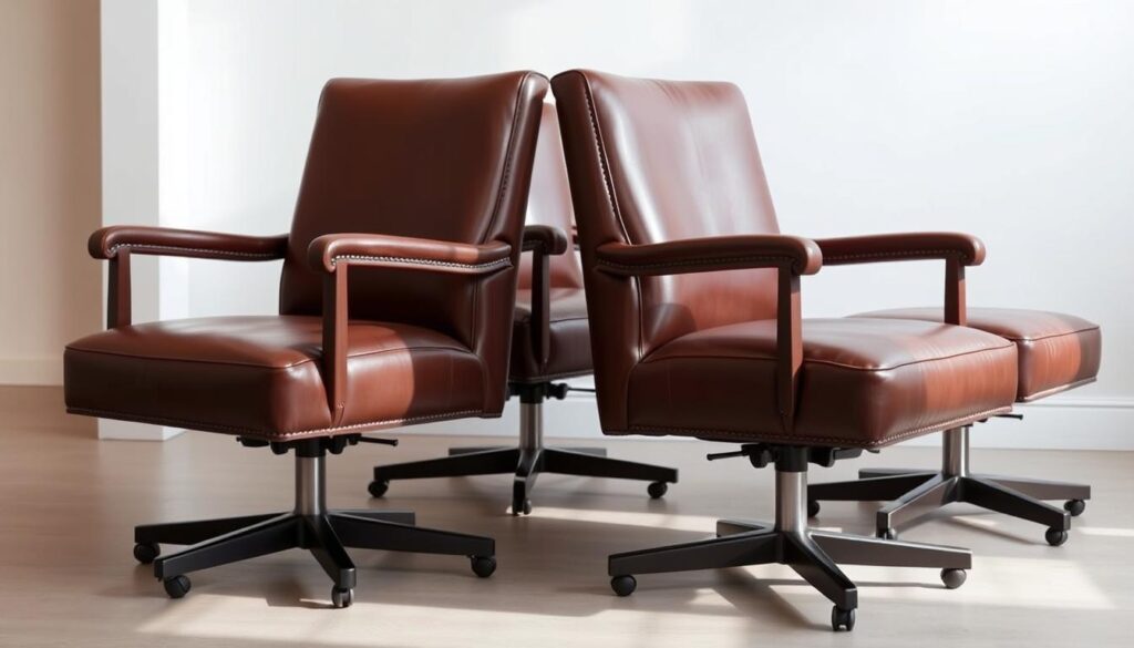 A set of elegant dining room chairs with armrests and casters, upholstered in rich, supple leather. The chairs are positioned in a well-lit, minimalist space, with soft shadows adding depth and dimension. The chairs' sleek, contemporary design and superior leather craftsmanship are the focus, showcasing the ideal combination of comfort and sophistication. The camera angle highlights the chairs' streamlined silhouettes and the smooth, buttery texture of the leather, inviting the viewer to envision the luxurious experience of sitting in these chairs. The overall atmosphere conveys a sense of refined elegance and timeless style.