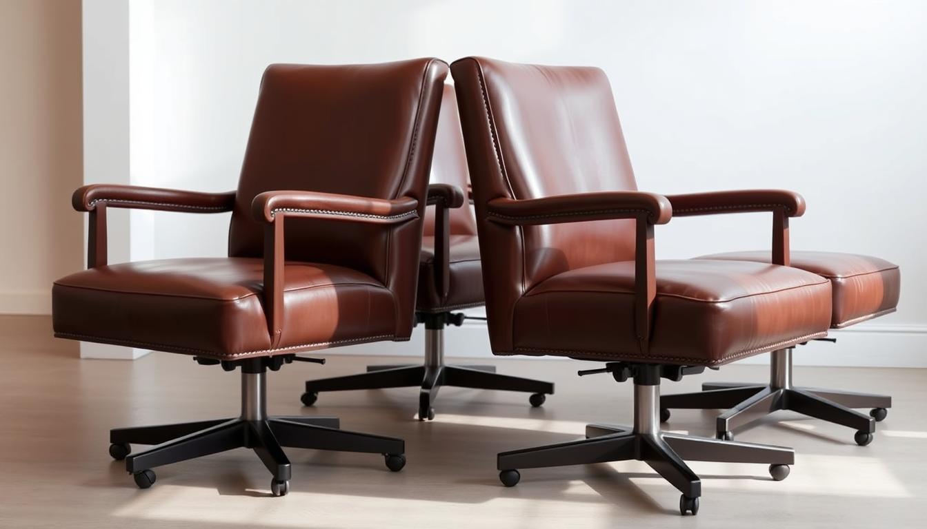 A set of elegant dining room chairs with armrests and casters, upholstered in rich, supple leather. The chairs are positioned in a well-lit, minimalist space, with soft shadows adding depth and dimension. The chairs' sleek, contemporary design and superior leather craftsmanship are the focus, showcasing the ideal combination of comfort and sophistication. The camera angle highlights the chairs' streamlined silhouettes and the smooth, buttery texture of the leather, inviting the viewer to envision the luxurious experience of sitting in these chairs. The overall atmosphere conveys a sense of refined elegance and timeless style.