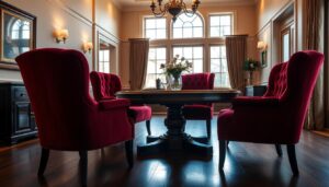 A set of four plush, luxurious velvet armchairs arranged in a formal, elegant dining room setting. The chairs have a deep, rich burgundy hue and a sumptuous, velvety texture that catches the warm, ambient lighting. The chairs are positioned around a polished, wooden dining table, creating an inviting and refined atmosphere. The room features high ceilings, neutral-toned walls, and large windows that allow natural light to filter in, creating a cozy and sophisticated ambiance. The chairs are the focal point, their curves and tufted upholstery lending a sense of timeless sophistication to the space.