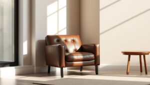 A sleek, modern leather armchair nestled in a stylish, minimalist interior. The chair is crafted from high-quality, distressed brown leather, its tufted back and armrests exuding a rich, luxurious aesthetic. Positioned against a neutral-toned wall, the chair is bathed in soft, natural light streaming in through large windows, casting gentle shadows and highlighting the chair's elegant silhouette. The room is sparsely furnished, with a minimalist wooden side table and a subtle, geometric area rug completing the serene, sophisticated ambiance. The overall composition emphasizes the chair's harmonious integration within the contemporary, well-curated space, showcasing its versatility and timeless appeal.