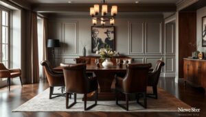 Een verfijnde eetkamer met een houten tafel, zes donkerbruine eetkamerstoelen met armleuning, een grote witte vaas met bloemen en elegante muren met lambrisering. Boven een bruine bank hangt een zwart-wit portret. Warme, sfeervolle verlichting vult de ruimte.