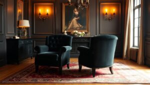 A stately dining room setting, bathed in warm, soft lighting. Centrally positioned are a pair of luxurious black velvet armchairs, their plush upholstery inviting touch and comfort. The chairs are crafted with elegant, curved lines and delicate tufting, exuding an air of sophistication. The room's walls are painted in a deep, moody color, providing a rich backdrop that heightens the chairs' alluring presence. Wooden floors and a large, ornate area rug anchor the scene, lending a sense of timeless elegance. This cozy, intimate setting beckons the viewer to imagine themselves sinking into the velvety embrace of these striking, yet practical, black velvet dining chairs.