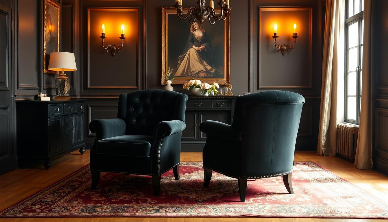 A stately dining room setting, bathed in warm, soft lighting. Centrally positioned are a pair of luxurious black velvet armchairs, their plush upholstery inviting touch and comfort. The chairs are crafted with elegant, curved lines and delicate tufting, exuding an air of sophistication. The room's walls are painted in a deep, moody color, providing a rich backdrop that heightens the chairs' alluring presence. Wooden floors and a large, ornate area rug anchor the scene, lending a sense of timeless elegance. This cozy, intimate setting beckons the viewer to imagine themselves sinking into the velvety embrace of these striking, yet practical, black velvet dining chairs.