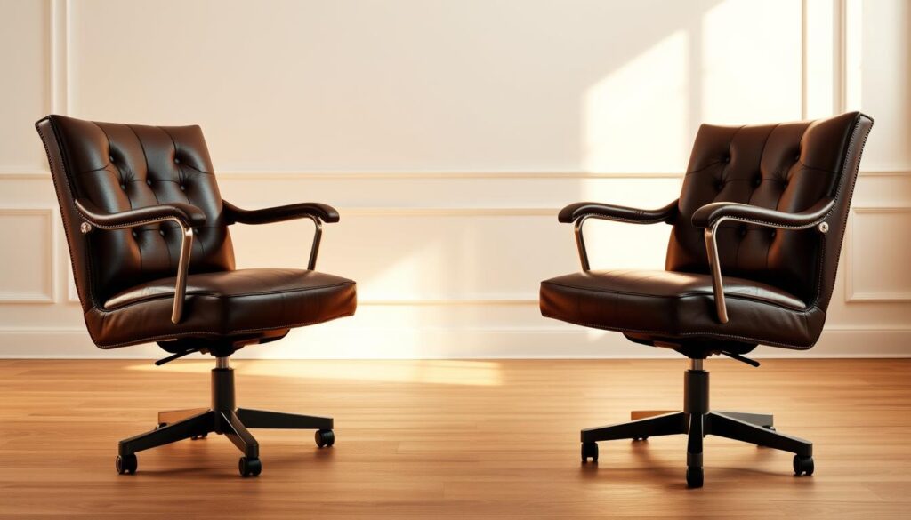 A stylish and sophisticated leather dining room chairs, beautifully crafted with elegant curves and high-quality stitching. Bathed in warm, golden light that highlights the rich, supple texture of the leather. Set against a minimalist backdrop of crisp white walls and natural wood floors, creating a serene and refined atmosphere. The chairs are positioned with perfect symmetry, their sturdy frames and integrated armrests and casters suggesting both comfort and functionality. This image conveys the timeless appeal and durable construction of leather as an exceptional material choice for dining furniture, capturing the essence of elegance and practicality.