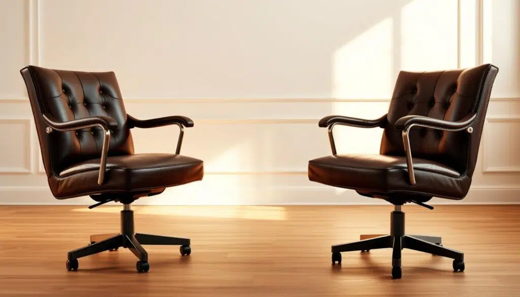 A stylish and sophisticated leather dining room chairs, beautifully crafted with elegant curves and high-quality stitching. Bathed in warm, golden light that highlights the rich, supple texture of the leather. Set against a minimalist backdrop of crisp white walls and natural wood floors, creating a serene and refined atmosphere. The chairs are positioned with perfect symmetry, their sturdy frames and integrated armrests and casters suggesting both comfort and functionality. This image conveys the timeless appeal and durable construction of leather as an exceptional material choice for dining furniture, capturing the essence of elegance and practicality.