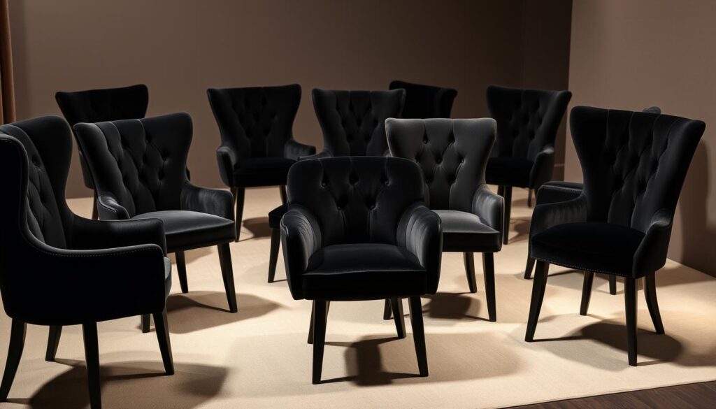 A stylish arrangement of diverse black velvet dining chairs, each with its own unique design and silhouette, elegantly positioned in a warm, inviting setting. Soft, directional lighting accentuates the plush, velvety textures and lustrous sheen of the chairs, creating an atmosphere of sophistication and refinement. The chairs are presented in a harmonious composition, showcasing their visual appeal and versatility as a focal point within a modern, minimalist interior. The overall scene conveys a sense of timeless elegance and contemporary flair, perfectly suited to illustrate the range of black velvet dining chair options.
