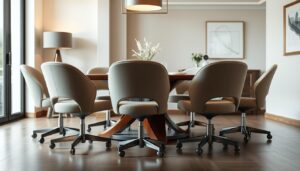 A stylish dining room setting featuring a set of elegant, modern chairs with smooth, rolling casters. The chairs have a sleek, minimalist design with curved backs and padded, upholstered seats in a neutral tone. They are arranged around a polished, wooden dining table, creating a harmonious and functional arrangement. Soft, diffused lighting from overhead fixtures casts a warm, inviting glow, and the scene is framed by tasteful decor elements, such as a large window or a simple, abstract artwork on the wall. The overall atmosphere is one of refined sophistication and effortless comfort, perfectly suited for a high-quality dining experience.