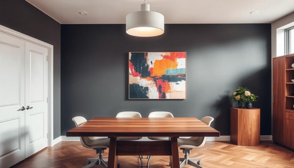 A stylish interior color palette, showcasing a harmonious blend of warm and cool tones. In the foreground, a wooden dining table is surrounded by four chairs with casters, their sleek design complementing the overall aesthetic. The middle ground features a modern, minimalist lighting fixture casting a soft, diffused glow. In the background, a feature wall displays a statement-making abstract art piece, its vibrant hues echoing the color scheme throughout the space. The overall atmosphere radiates a sense of sophistication and timeless elegance, making this an ideal setting for any discerning homeowner.