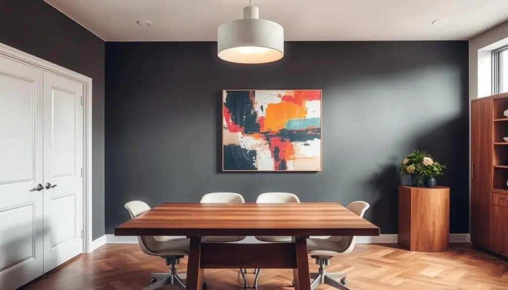 A stylish interior color palette, showcasing a harmonious blend of warm and cool tones. In the foreground, a wooden dining table is surrounded by four chairs with casters, their sleek design complementing the overall aesthetic. The middle ground features a modern, minimalist lighting fixture casting a soft, diffused glow. In the background, a feature wall displays a statement-making abstract art piece, its vibrant hues echoing the color scheme throughout the space. The overall atmosphere radiates a sense of sophistication and timeless elegance, making this an ideal setting for any discerning homeowner.