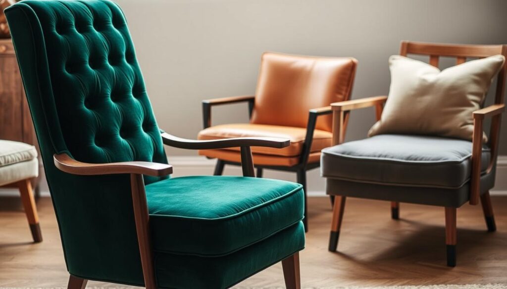 A stylishly diverse collection of bespoke armchairs, each tailored to complement a range of interior styles. In the foreground, a high-backed tufted velvet chair in a rich emerald green, its slender yet sturdy wooden frame accented by elegantly curved armrests. In the middle ground, a sleek mid-century modern design in a warm caramel leather, its slim profile and splayed legs exuding effortless sophistication. In the background, a rustic farmhouse-inspired chair with a weathered oak frame and a plush, overstuffed cushion in a neutral oatmeal tone. Soft, natural lighting casts a cozy, inviting glow across the scene, highlighting the luxurious textures and refined silhouettes of these versatile, design-forward seating options.