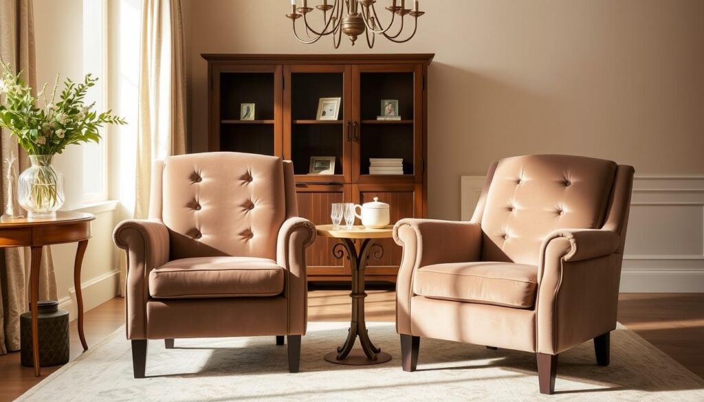A warm, inviting dining room setting featuring a pair of taupe velvet upholstered armchairs placed in a thoughtful arrangement. The chairs are positioned against a pale, neutral-toned backdrop, allowing their luxurious texture and muted hue to take center stage. Subtle, soft lighting casts a gentle glow, highlighting the plush, sumptuous fabric and the chairs' ergonomic, high-backed design, suggesting both comfort and practicality. The overall atmosphere conveys a sense of relaxed sophistication, hinting at the practical considerations that make these chairs a smart choice for an elegant dining space.
