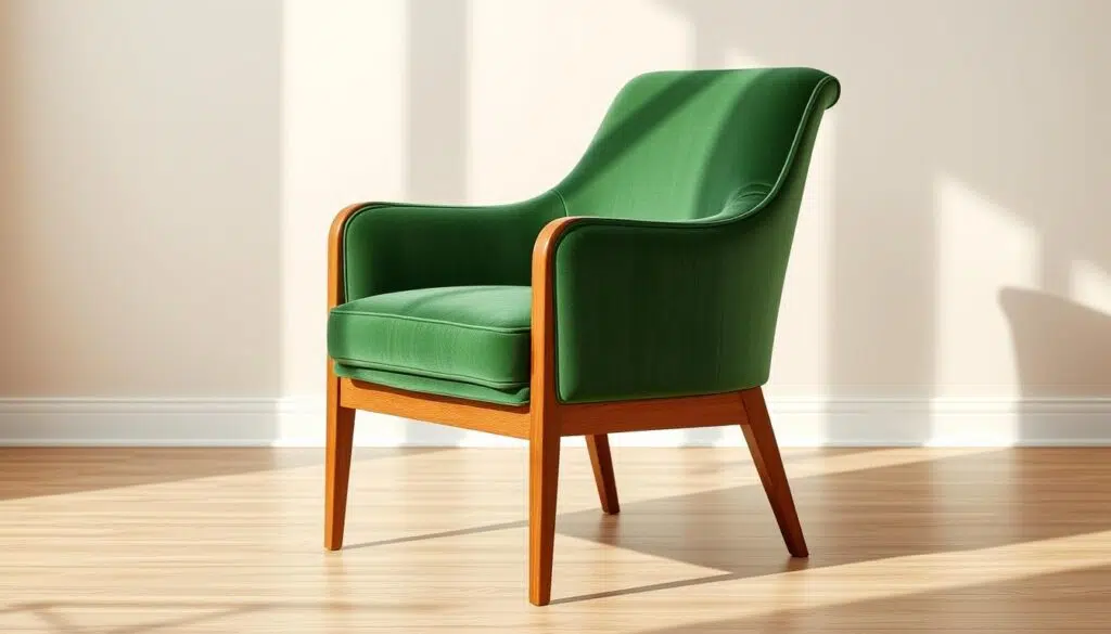 A well-crafted, high-quality green velvet armchair for a modern dining room, shot in a warm, inviting studio setting with soft, diffused natural lighting. The chair features a sturdy, solid wood frame with elegant, curved lines and a luxurious, plush velvet upholstery in a deep, rich shade of green. The texture of the velvet is detailed and sumptuous, inviting the viewer to reach out and feel the material. The chair is positioned on a neutral-toned, hardwood floor, creating a harmonious, cohesive scene that emphasizes the quality and craftsmanship of the furniture piece.
