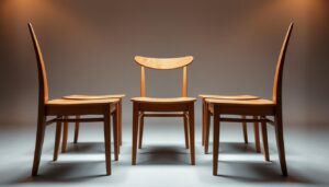 A well-lit, beautifully crafted set of wooden dining chairs, captured in a high-quality studio shot. The chairs feature a sleek, minimalist design with clean lines and a warm, natural wood grain texture. Soft, diffused lighting from multiple angles highlights the intricate craftsmanship and the chairs' elegant, functional form. The chairs are positioned in a tasteful, clutter-free setting, allowing the viewer to focus on the quality and beauty of the furniture. The scene conveys a sense of refined, contemporary style that would complement a variety of modern dining room decors.