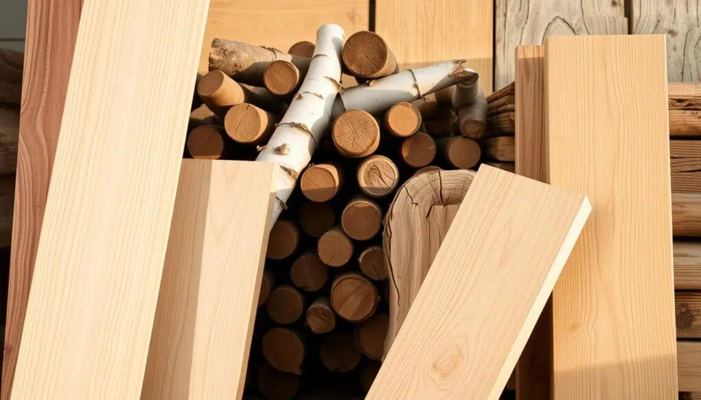 A well-lit, close-up photograph of various Nordic-style wooden furniture materials and textures. In the foreground, smooth, light-colored oak planks and beams, with a subtle wood grain pattern. In the middle ground, a stack of natural birch logs, their bark gently peeled away to reveal the pale, uniform inner wood. Behind them, a collection of rugged, weathered pine boards, their surfaces worn and distressed, evocative of traditional Scandinavian craftsmanship. The lighting is soft and directional, casting warm, golden tones across the scene and highlighting the natural beauty and inherent durability of these sustainable wooden materials.