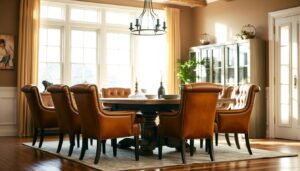 Een lichte eetkamer met een ronde houten tafel, zes leren stoelen, een moderne kroonluchter, grote ramen met beige gordijnen en een kast met glazen deuren. Zonlicht stroomt naar binnen en creëert een warme, uitnodigende sfeer.