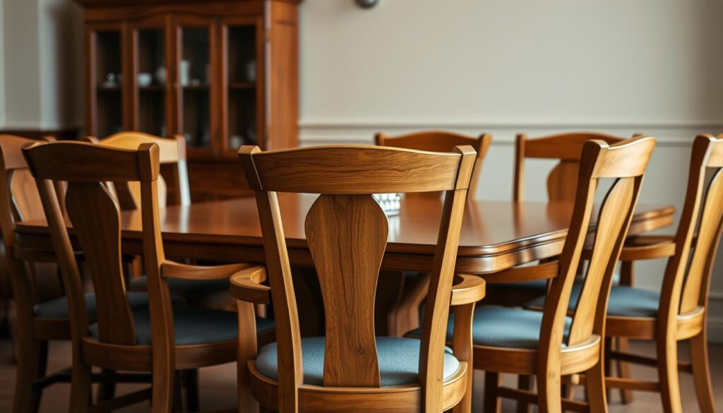 An elegant dining room setting, featuring a collection of well-crafted wooden armchairs with a warm, natural finish. The chairs are arranged around a sturdy, rectangular table, inviting guests to sit and enjoy a meal in a cozy, inviting atmosphere. The chairs have a classic, timeless design, with gently curved armrests and a comfortable, supportive backrest. Soft, diffused lighting casts a gentle glow, accentuating the rich grain and texture of the wood. The overall scene exudes a sense of comfort, craftsmanship, and a touch of understated sophistication, perfectly suited for a traditional or modern dining space.