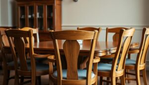 An elegant dining room setting, featuring a collection of well-crafted wooden armchairs with a warm, natural finish. The chairs are arranged around a sturdy, rectangular table, inviting guests to sit and enjoy a meal in a cozy, inviting atmosphere. The chairs have a classic, timeless design, with gently curved armrests and a comfortable, supportive backrest. Soft, diffused lighting casts a gentle glow, accentuating the rich grain and texture of the wood. The overall scene exudes a sense of comfort, craftsmanship, and a touch of understated sophistication, perfectly suited for a traditional or modern dining space.