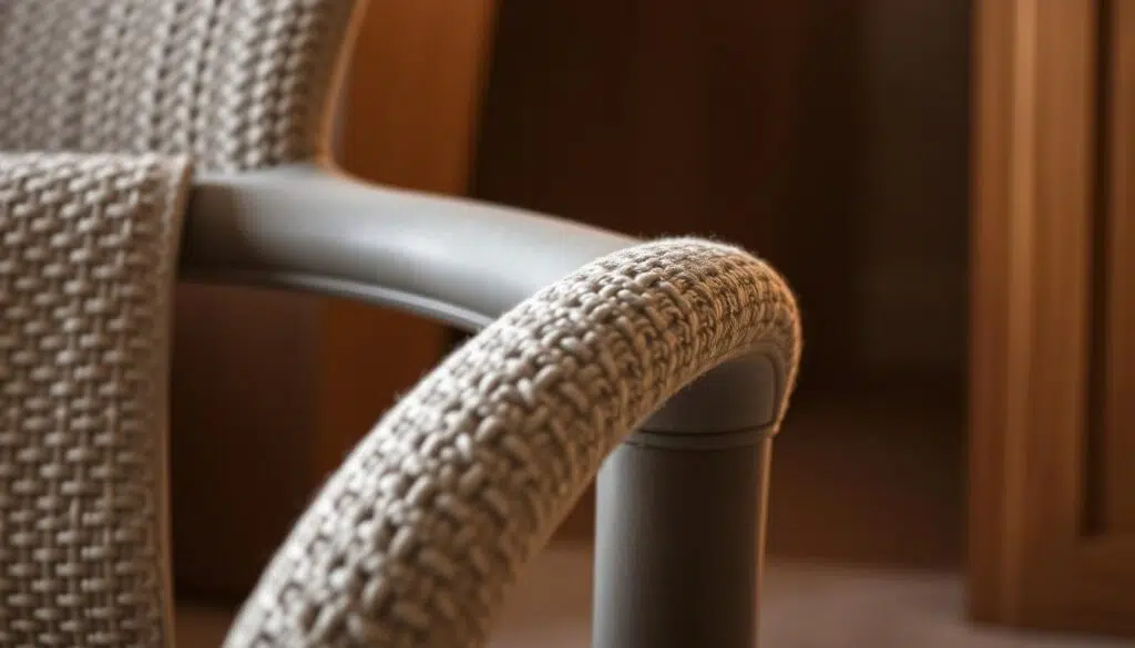 Armrests of comfort and style: A close-up view of a Bouclé Design dining chair's armrests, showcasing the intricate weave and plush upholstery. The armrests are gently curved, providing ergonomic support and a luxurious feel. Warm, directional lighting highlights the texture and sheen of the Bouclé fabric, creating a cozy, inviting atmosphere. The camera angle emphasizes the thoughtful design, allowing the viewer to appreciate the attention to detail and craftsmanship that makes these armrests a standout feature of the Bouclé chair.