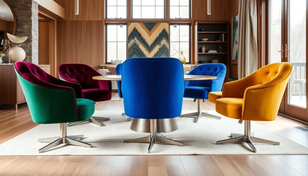Colorful, swiveling velvet chairs in a modern, warm-toned interior. A spacious, well-lit dining room with large windows letting in natural light. The chairs are arranged in a semicircle, each in a different vibrant hue - deep burgundy, forest green, royal blue, and mustard yellow. Sleek, cylindrical pedestal bases support the plush, button-tufted seats. The chairs' rotating function allows for easy conversation and movement around the table. The room's neutral palette of wood, stone, and soft textiles creates a cozy, inviting atmosphere to showcase the striking, jewel-toned seating.
