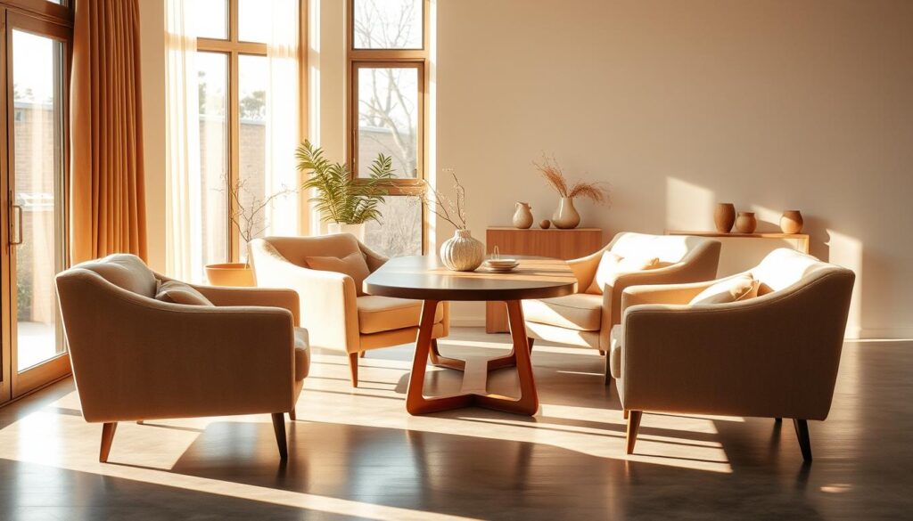 Cozy and inviting interior styling with plush bouclé armchairs arranged around a minimalist wooden dining table, bathed in warm, golden light from large windows. Soft beige and earthy tones create a calm, sophisticated atmosphere. Delicate house plants and subtle decorative accents add natural touches, while the polished concrete floor and clean-lined furniture lend an airy, modern sensibility. A harmonious blend of textures, materials, and neutral hues for a stylish, livable dining space.
