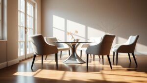 Elegant bouclé dining chairs arranged in a cozy, well-lit room. Soft, textured fabric in muted tones invites touch, complemented by sleek, modern lines. Gentle cross-lighting from large windows casts warm, diffused illumination, highlighting the chair's refined silhouettes. The harmonious composition showcases the chairs' versatility, blending seamlessly into a sophisticated, minimalist interior. Subtle reflections on a polished hardwood floor complete the serene, inviting atmosphere.