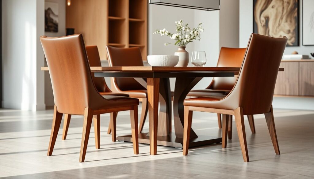 Elegant brown dining room chairs in a sophisticated Nieuwe Sfeer design. Warm, natural wood tones and clean, modern lines create a timeless, high-end aesthetic. The chairs are positioned in a well-lit, spacious interior with hints of neutral decor in the background, evoking a sense of refined, minimalist style. Soft, directional lighting accentuates the chairs' elegant silhouettes and smooth, glossy finishes. The overall scene exudes an atmosphere of understated luxury and contemporary elegance, perfectly suited to illustrate the "Styles and Designs" section of the article. Elegant brown dining room chairs in a sophisticated Nieuwe Sfeer design. Warm, natural wood tones and clean, modern lines create a timeless, high-end aesthetic. The chairs are positioned in a well-lit, spacious interior with hints of neutral decor in the background, evoking a sense of refined, minimalist style. Soft, directional lighting accentuates the chairs' elegant silhouettes and smooth, glossy finishes. The overall scene exudes an atmosphere of understated luxury and contemporary elegance, perfectly suited to illustrate the "Styles and Designs" section of the article.