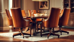 Een eetkamer met zes cognac eetkamerstoelen wieltjes rond een donkere houten tafel, gedekt met wijnglazen en een schaal met fruit. Warme verlichting, houten vloeren en een ingelijste foto versterken het gezellige, elegante interieur.