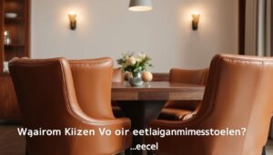 Een eetkamer met cognac eetkamerstoelen leer rond een houten tafel, een vaas met bloemen in het midden, wandlampen en tekst in een onleesbare taal onderaan.