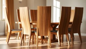 Elegant wooden dining chairs, masterfully crafted with a modern, minimalist design. An array of sleek, high-backed chairs in a warm, natural wood tone, arranged in a cozy, well-lit dining room setting. Soft, directional lighting casts subtle shadows, accentuating the clean lines and gentle curves of the chairs. The chairs are positioned around a simple, rectangular dining table, creating a harmonious, inviting atmosphere. The overall scene exudes a sense of refined sophistication and timeless style, perfectly capturing the essence of the best design for wooden dining chairs.