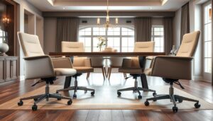 High-quality, detailed image of four modern, ergonomic dining room chairs with casters or wheels, shown in a well-lit, spacious dining area. The chairs should have a sleek, minimalist design with smooth, neutral-toned upholstery, sturdy metal or wood frames, and prominent, durable casters that allow for easy mobility. Capture the chairs from multiple angles, showcasing their functionality and aesthetic appeal within the elegant dining setting. The lighting should be bright yet soft, creating an inviting and sophisticated atmosphere. Convey a sense of comfort, practicality, and stylish refinement that would make these dining chairs the perfect choice for the featured article.