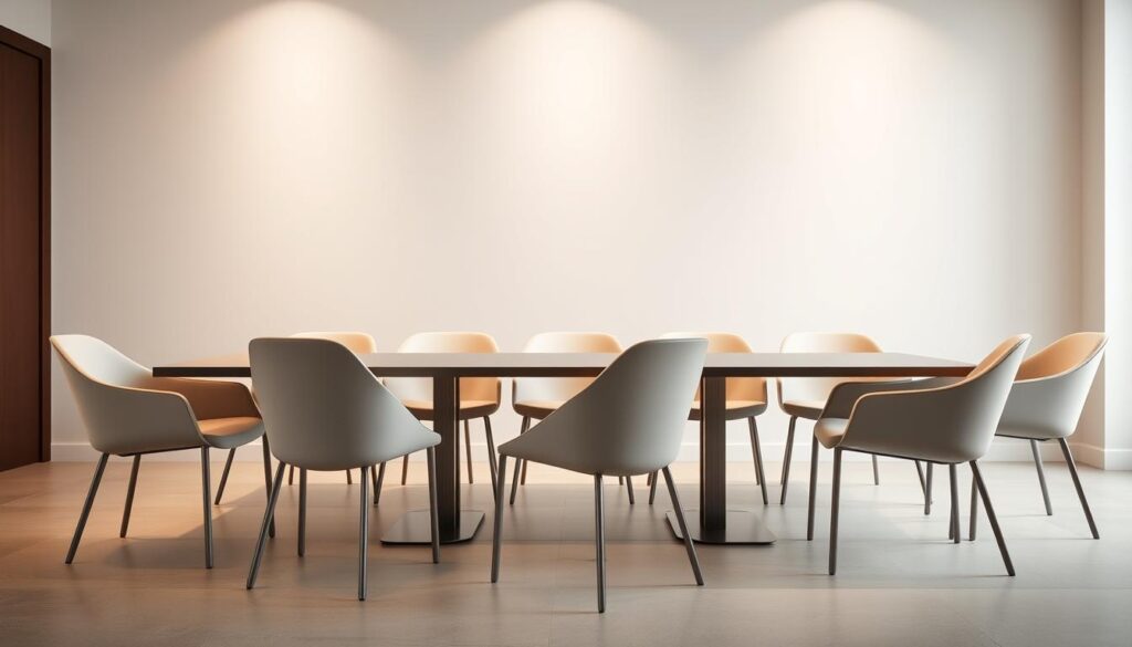 Stylish and elegant dining chairs arranged in a cohesive ensemble, capturing the essence of sophisticated interior design. A well-lit and spacious setting, with minimalist yet captivating chairs in a neutral color palette that seamlessly blends with the surrounding environment. The chairs feature sleek, curved lines and a modern aesthetic, effortlessly complementing a variety of decor styles. Soft, diffused lighting creates a warm and inviting ambiance, highlighting the chairs' clean lines and high-quality materials. The composition is balanced, with the chairs positioned in a visually appealing arrangement that showcases their versatility and timeless appeal.