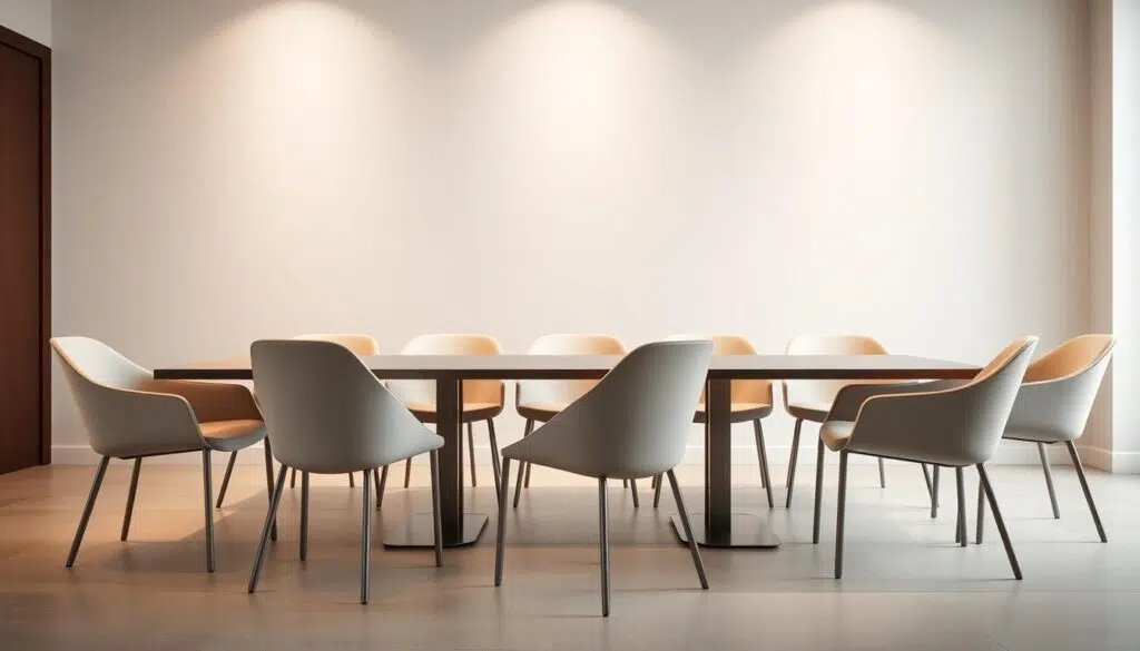 Stylish and elegant dining chairs arranged in a cohesive ensemble, capturing the essence of sophisticated interior design. A well-lit and spacious setting, with minimalist yet captivating chairs in a neutral color palette that seamlessly blends with the surrounding environment. The chairs feature sleek, curved lines and a modern aesthetic, effortlessly complementing a variety of decor styles. Soft, diffused lighting creates a warm and inviting ambiance, highlighting the chairs' clean lines and high-quality materials. The composition is balanced, with the chairs positioned in a visually appealing arrangement that showcases their versatility and timeless appeal.