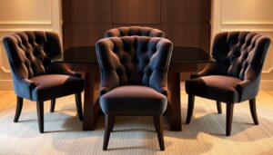 Velvet eetkamerstoelen set 6, a luxurious and inviting arrangement of six plush dining chairs. Upholstered in a rich, velvety fabric, each chair exudes an air of sophistication and comfort. The chairs are positioned in a harmonious arrangement, their curved backs and tufted details creating a visually striking centerpiece for a modern dining room. Warm, indirect lighting casts a gentle glow, accentuating the depth and luster of the velvet upholstery. The chairs are set against a backdrop of neutral tones, allowing the vibrant hue of the velvet to take center stage. The overall scene conveys a sense of elegance and relaxation, inviting the viewer to imagine the pleasure of gathering friends and family around this captivating set of eetkamerstoelen.