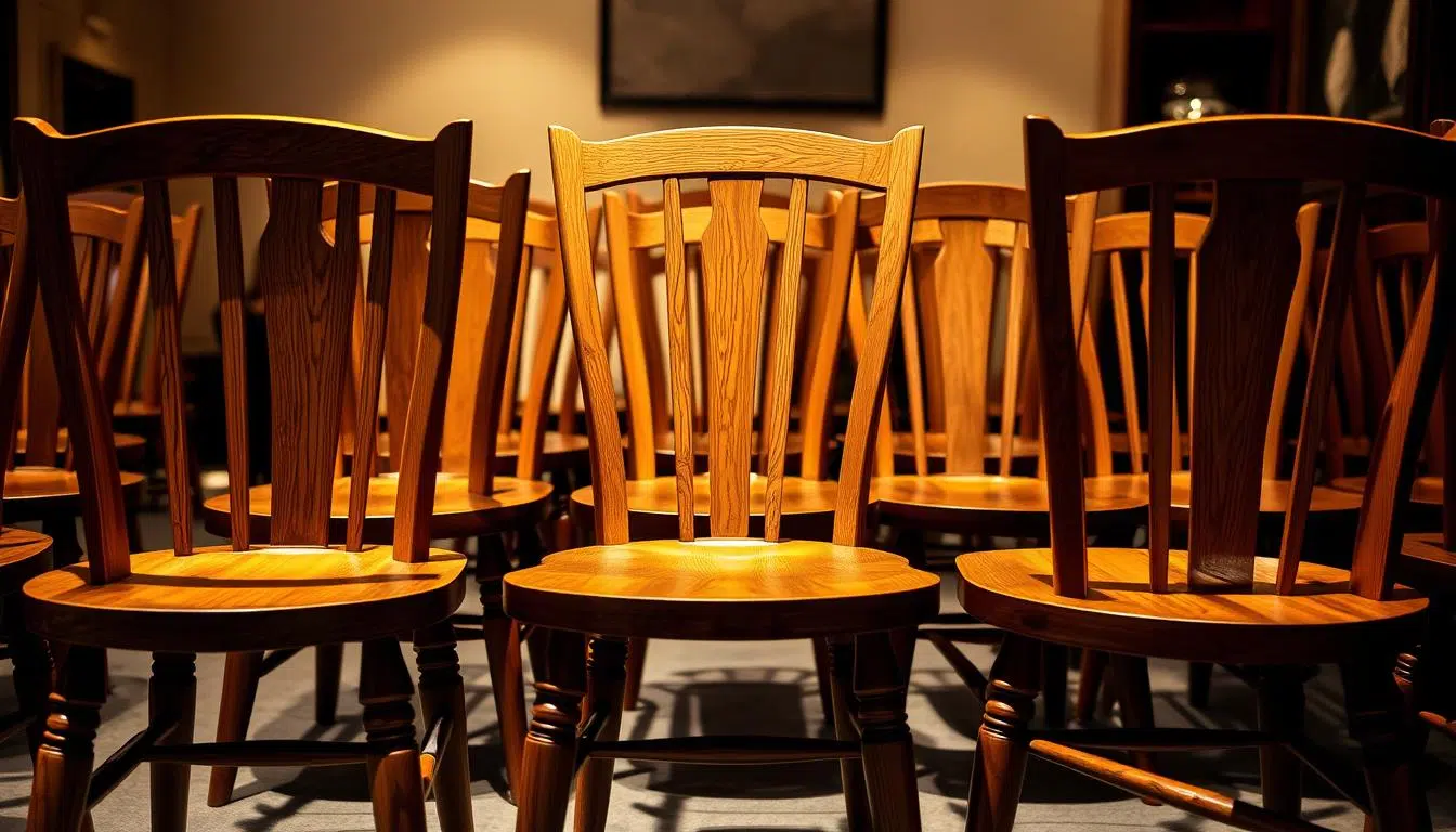 Wooden dining room chairs on display, showcased in a warm, inviting setting. Soft, diffused lighting illuminates the natural grain and textures of the sturdy, high-quality wood construction. The chairs are arranged in a symmetrical, visually appealing layout, with attention to balance and proportion. Subtle shadows and highlights accentuate the refined craftmanship. The overall atmosphere is one of comfort, elegance, and a sense of timeless, classic style - an enticing offer for the perfect dining experience.