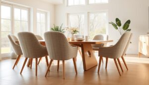 a photo of modern bouclé dining chairs in a bright, airy interior. the chairs have a curved, organic silhouette with a textured bouclé upholstery in a soft, neutral tone. the chairs are arranged around a sleek, minimalist wooden dining table, creating a harmonious and inviting seating arrangement. the room is flooded with natural light from large windows, casting a warm glow on the scene. the walls are painted a crisp, clean white, providing a blank canvas for the furniture to stand out. the overall aesthetic is one of understated elegance and timeless modern design.