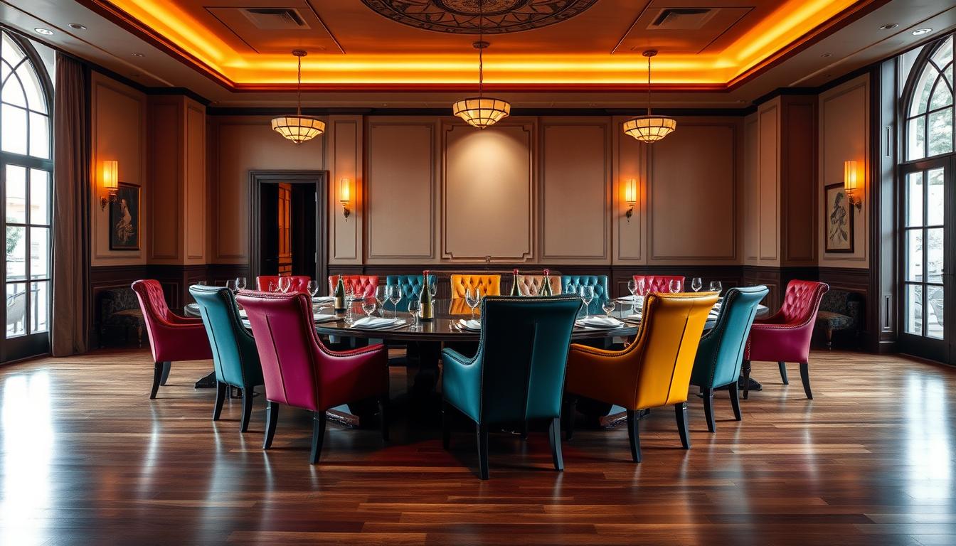 Een grote, ronde eettafel in een elegante kamer met warme houten vloeren en trendy eetkamerstoelen – turquoise, rood en geel – in modern leer. Hoge ramen en sierlijsten maken de stijlvolle setting compleet.